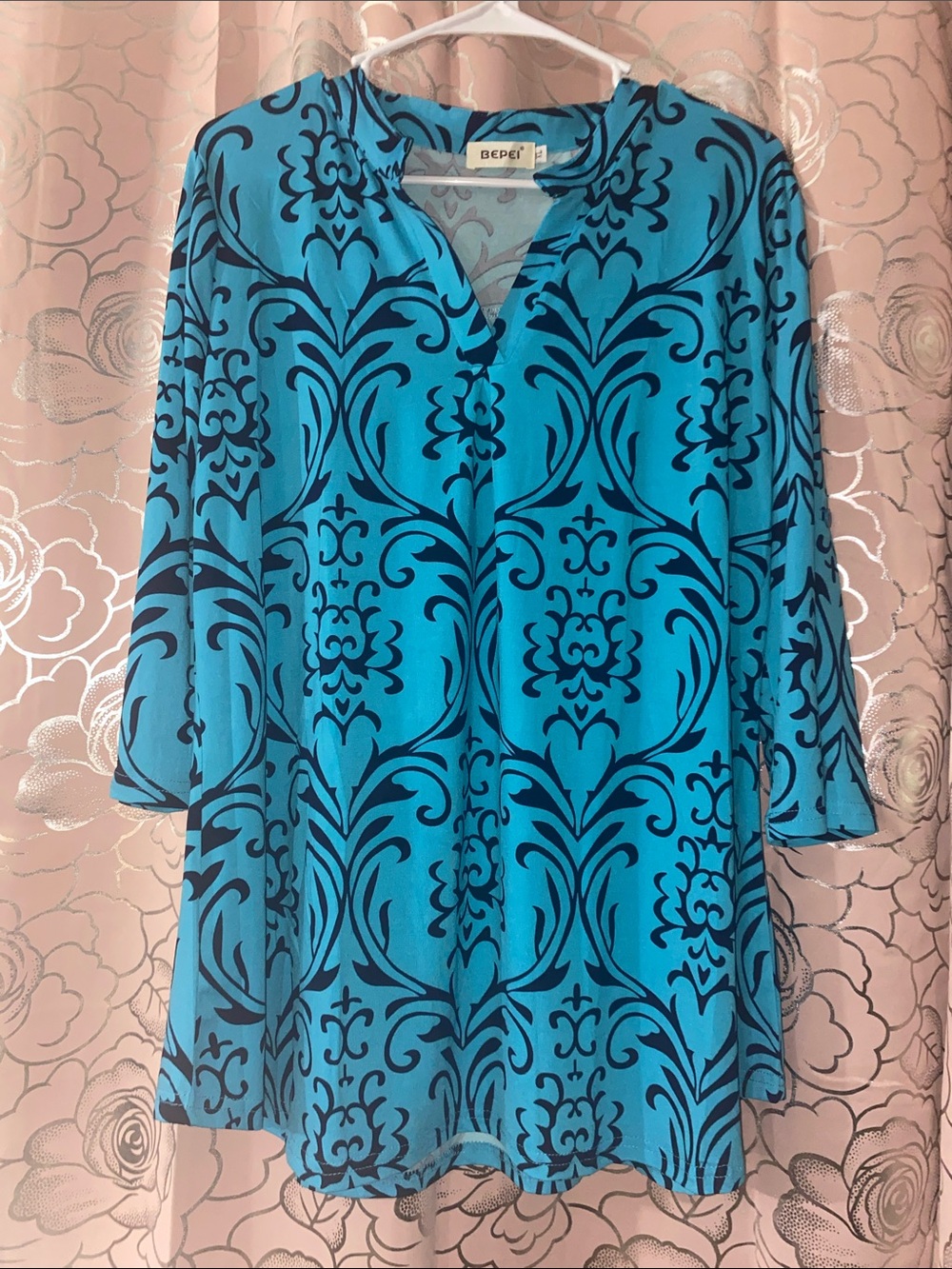 Bepei Aqua Blue & Black Damask Tunic Blouse